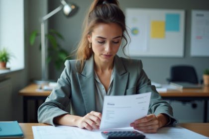 Femme en bureau vérifiant une fiche de paie et calculatrice