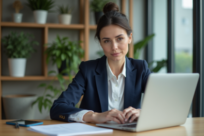 Femme d'affaires en bureau moderne vérifiant factures de voyage