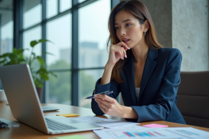 Femme en costume navy lors d'une réunion en entreprise
