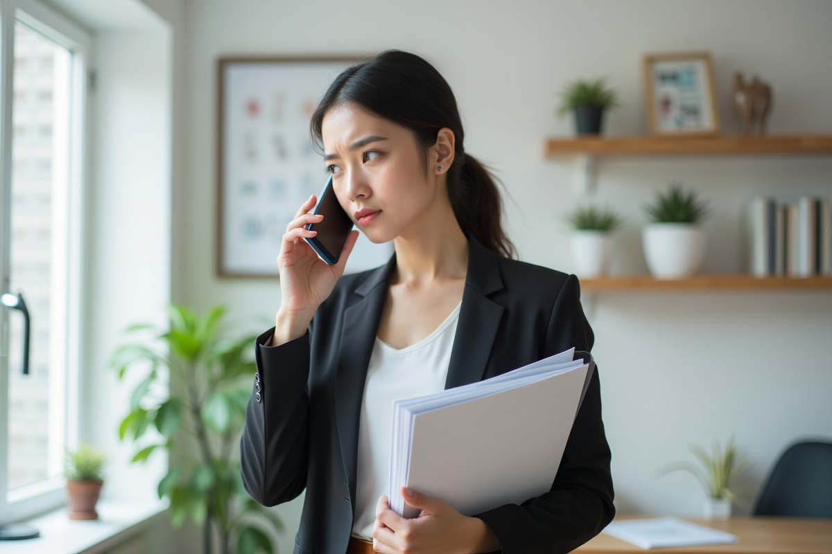 Jeune femme professionnelle parlant au smartphone