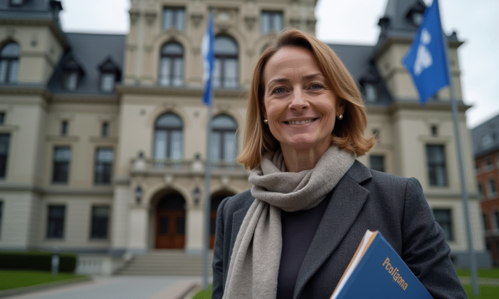 Femme québécoise en blazer devant l'assemblée nationale
