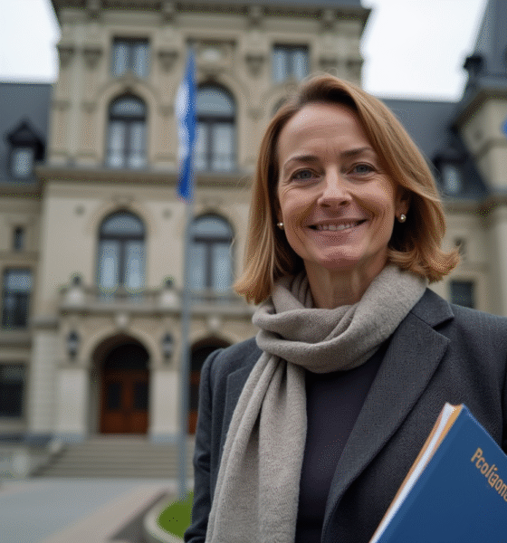 Femme québécoise en blazer devant l'assemblée nationale
