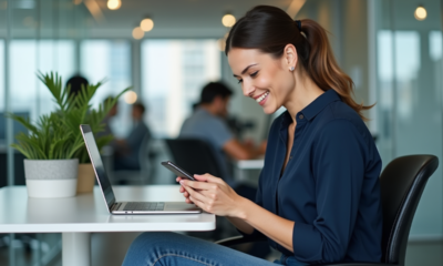 Femme au bureau compose un SMS de groupe sur son smartphone