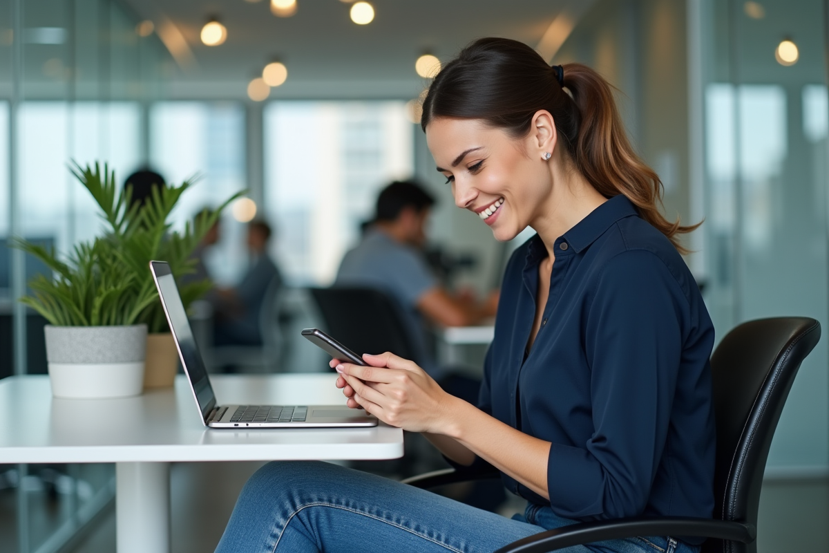 Femme au bureau compose un SMS de groupe sur son smartphone