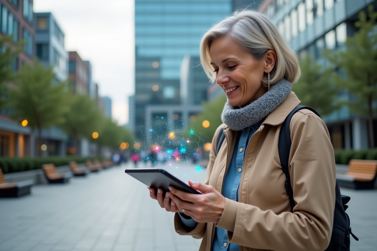 Femme utilisant une tablette dans un espace urbain moderne