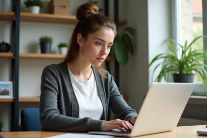 Jeune femme concentrée travaillant sur son ordinateur dans un bureau lumineux