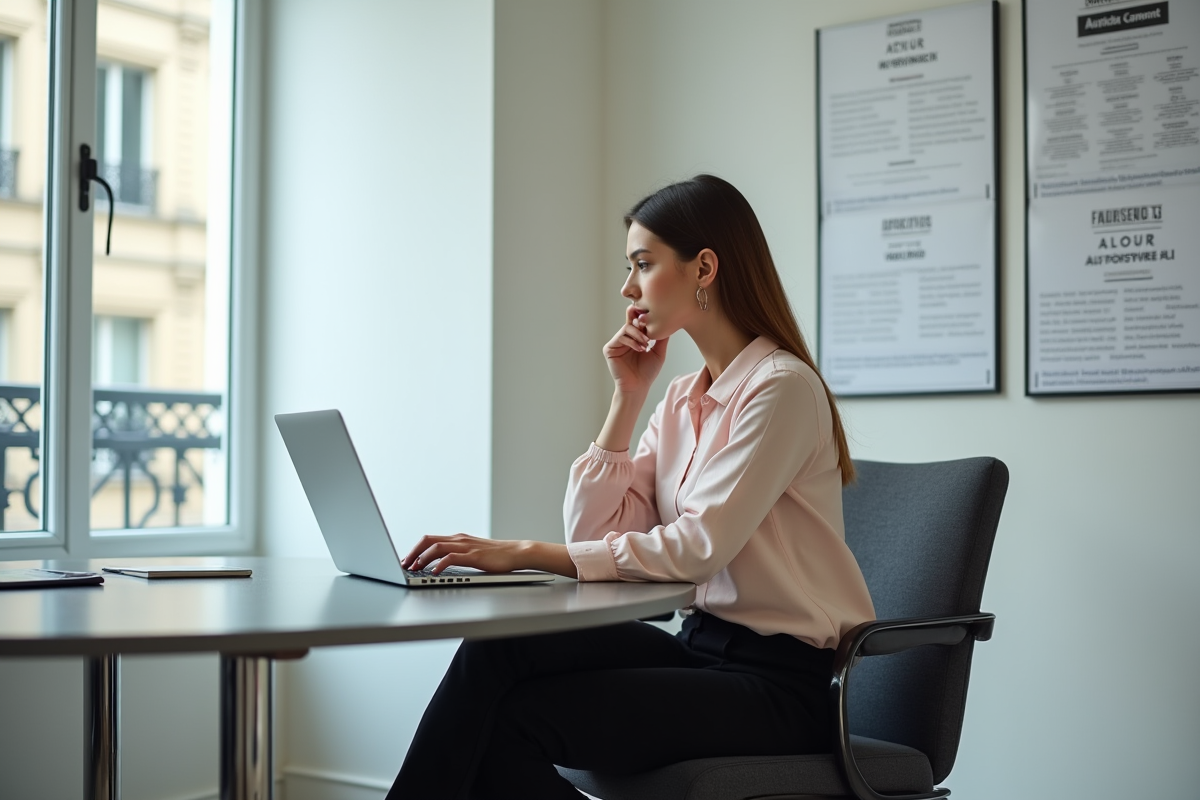 Jeune femme en réunion avec son ordinateur dans une salle de conférence