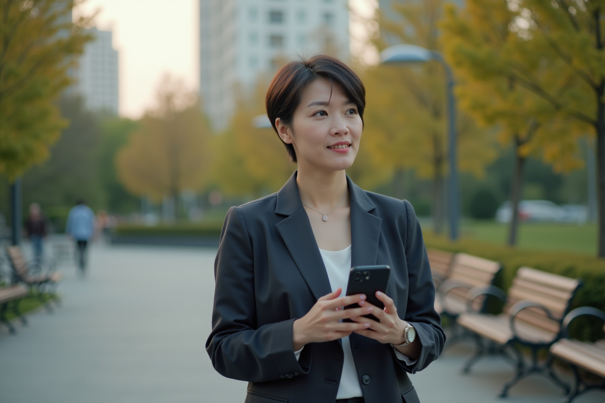 Femme d age moyen regardant son smartphone en plein air