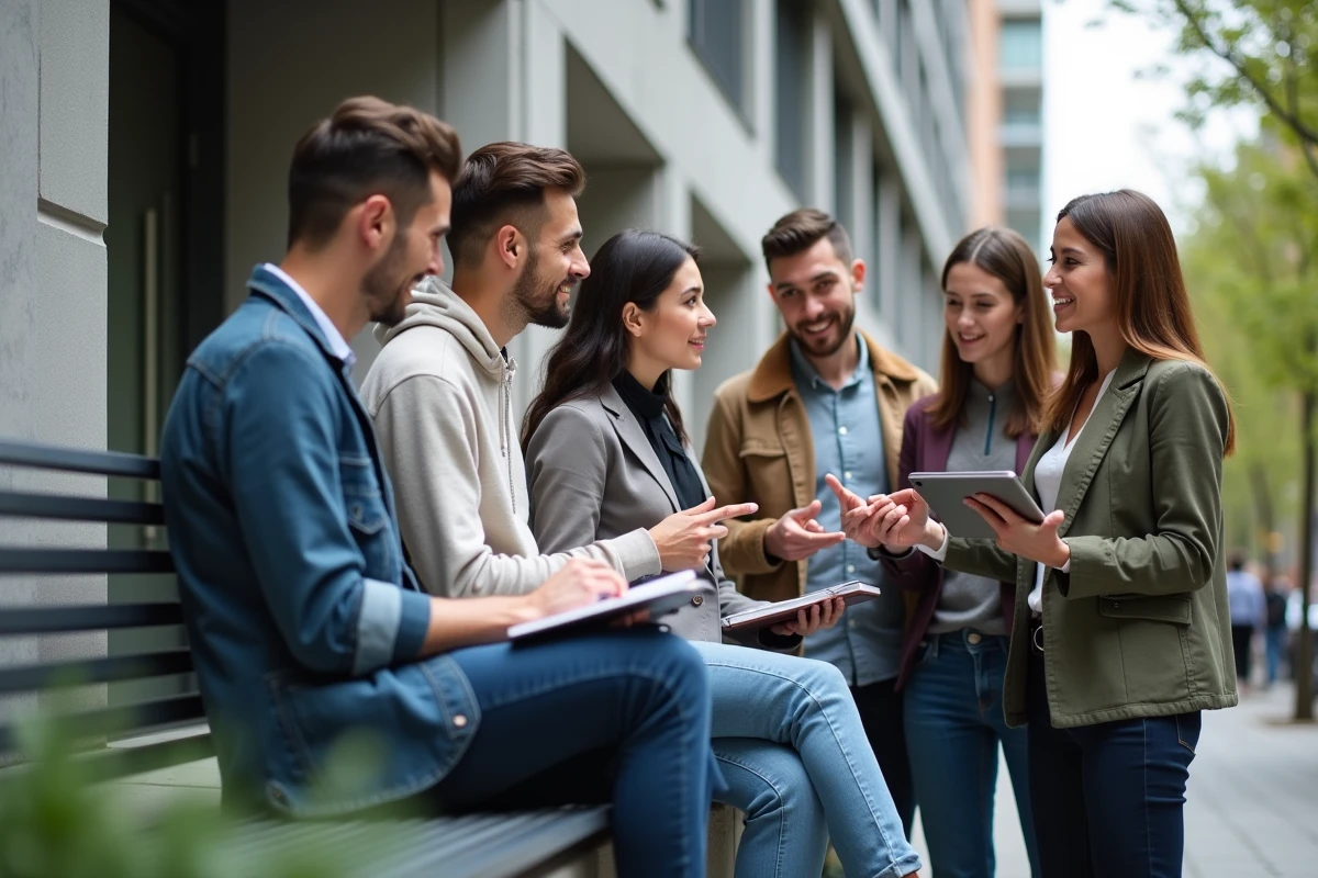 Groupe diversifié échangeant dans un environnement urbain moderne