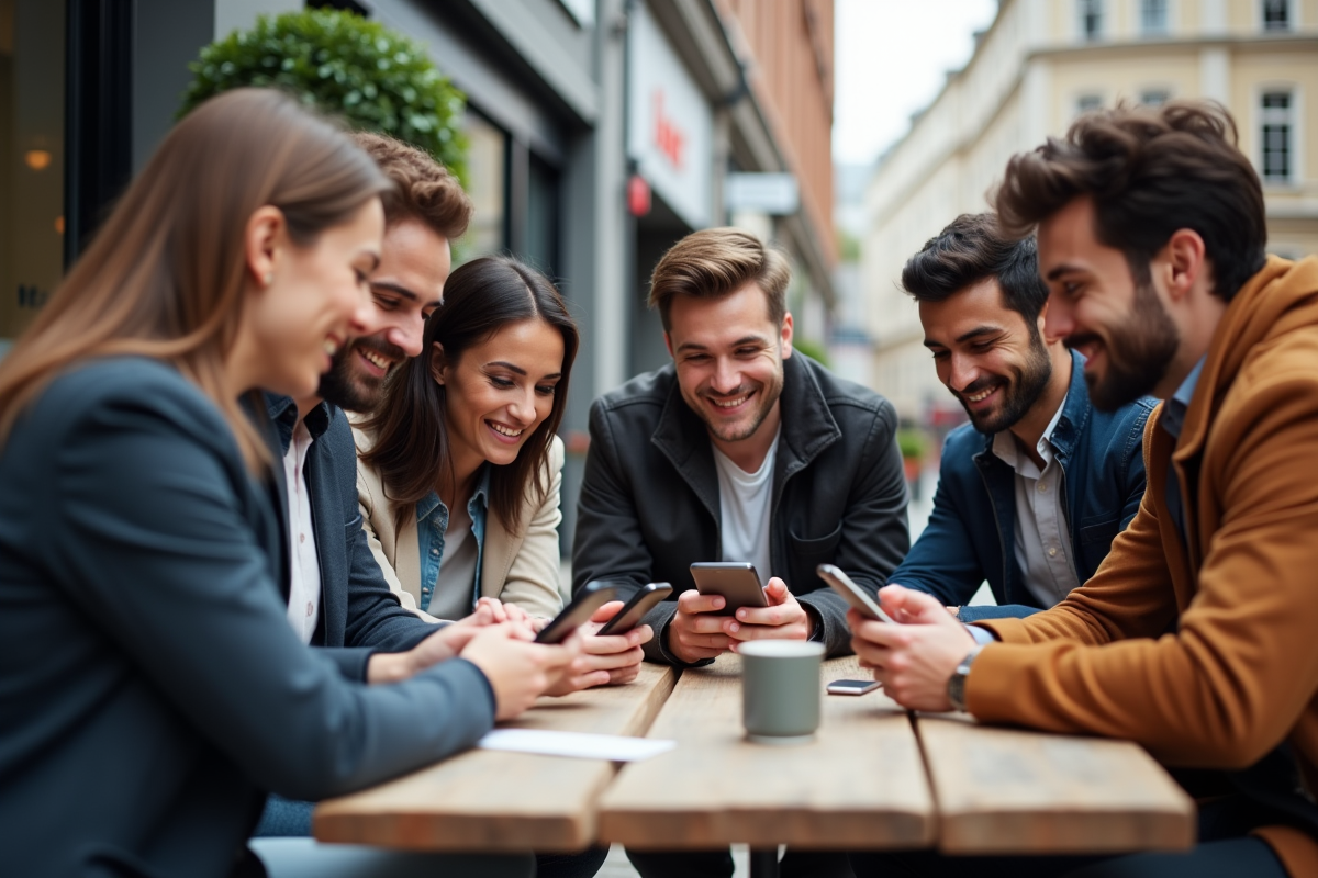Groupe de jeunes discutant de marketing sur une terrasse de café urbaine