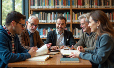 Groupe diversifié de personnes lisant dans une bibliothèque moderne