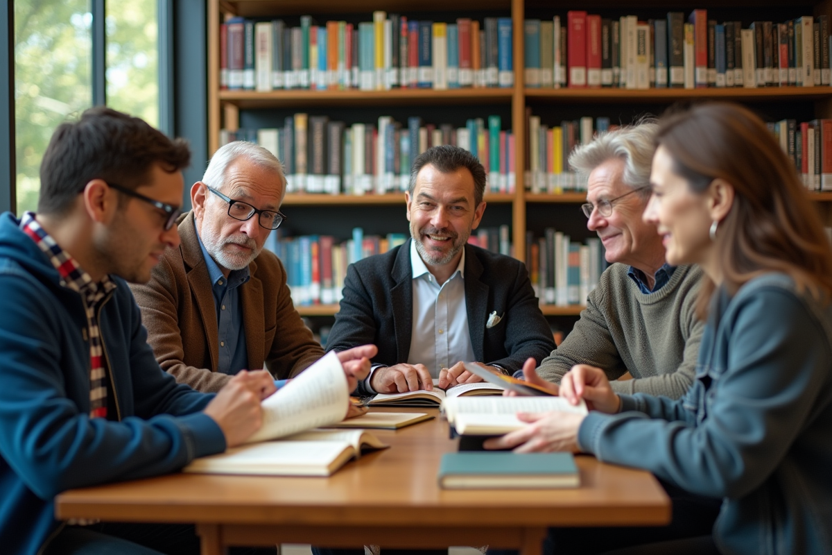 Groupe diversifié de personnes lisant dans une bibliothèque moderne