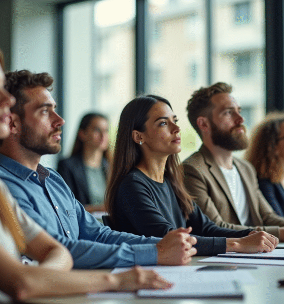 Groupe de professionnels en formation en salle lumineuse