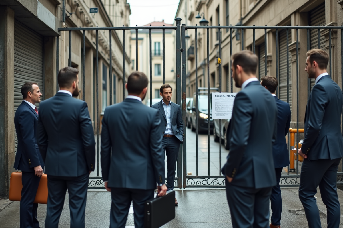 Groupe de travailleurs devant une grille d