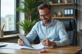 Homme d'affaires organisé au bureau avec tablette
