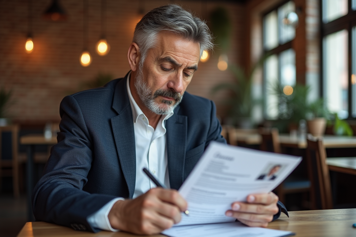 Homme lisant un CV dans un café urbain avec ambiance chaleureuse