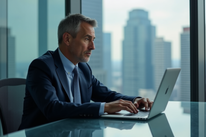 Homme d'affaires regardant des diagrammes satellites sur un ordinateur