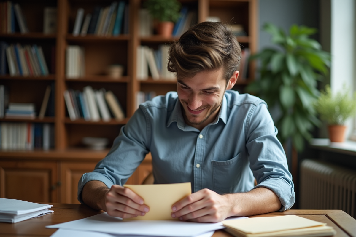Jeune homme scellant des enveloppes dans un bureau à domicile