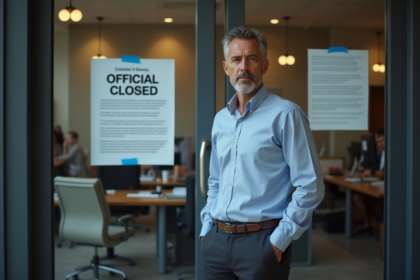 Homme sérieux devant un bureau fermé avec avis officiel