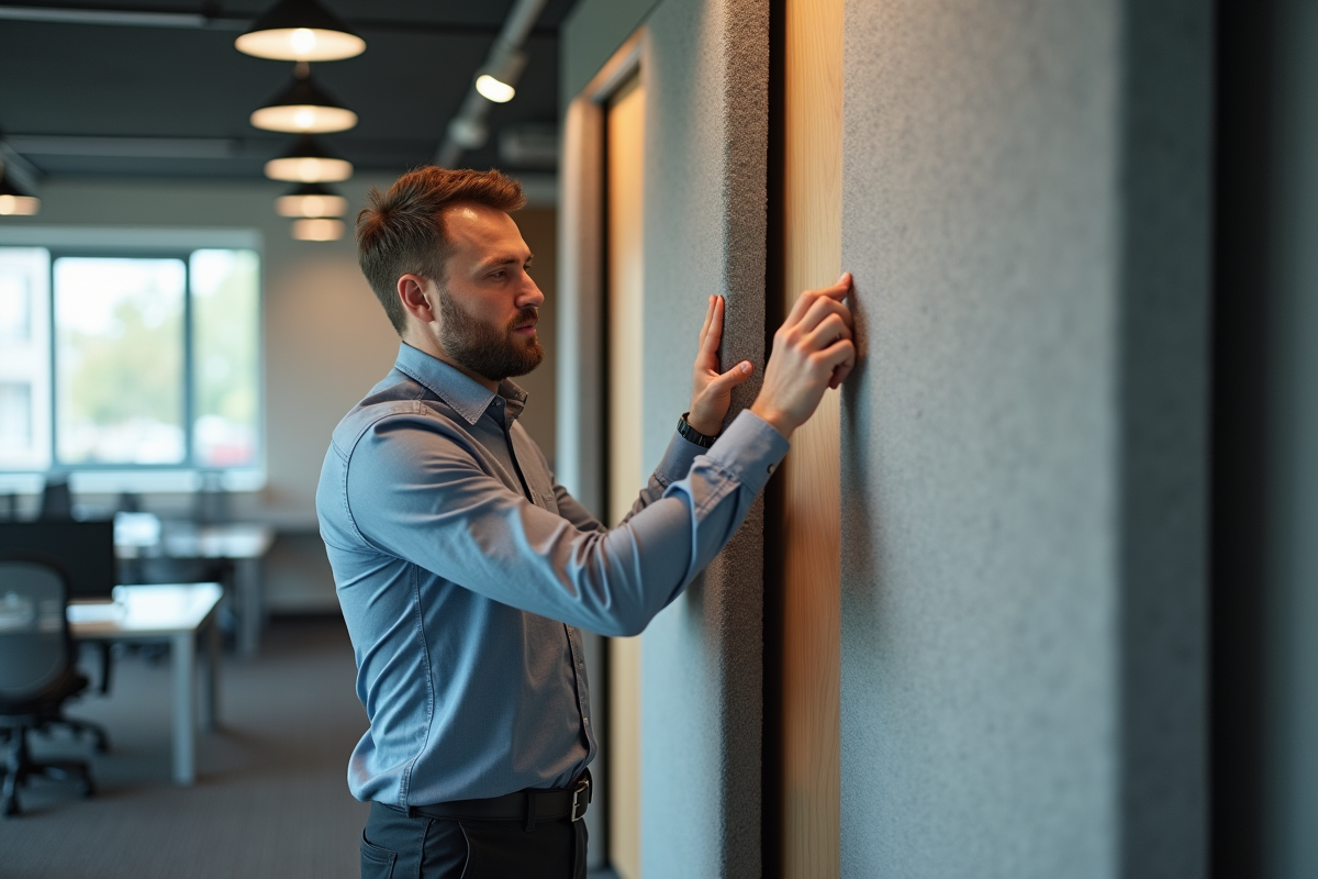 Homme posant des panneaux acoustiques dans une salle de réunion
