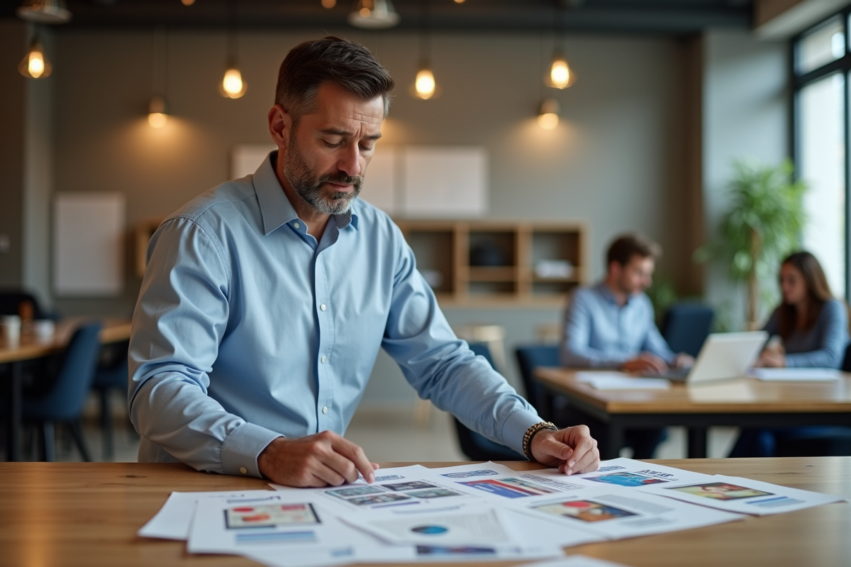Homme en coworking examinant des flyers imprimés