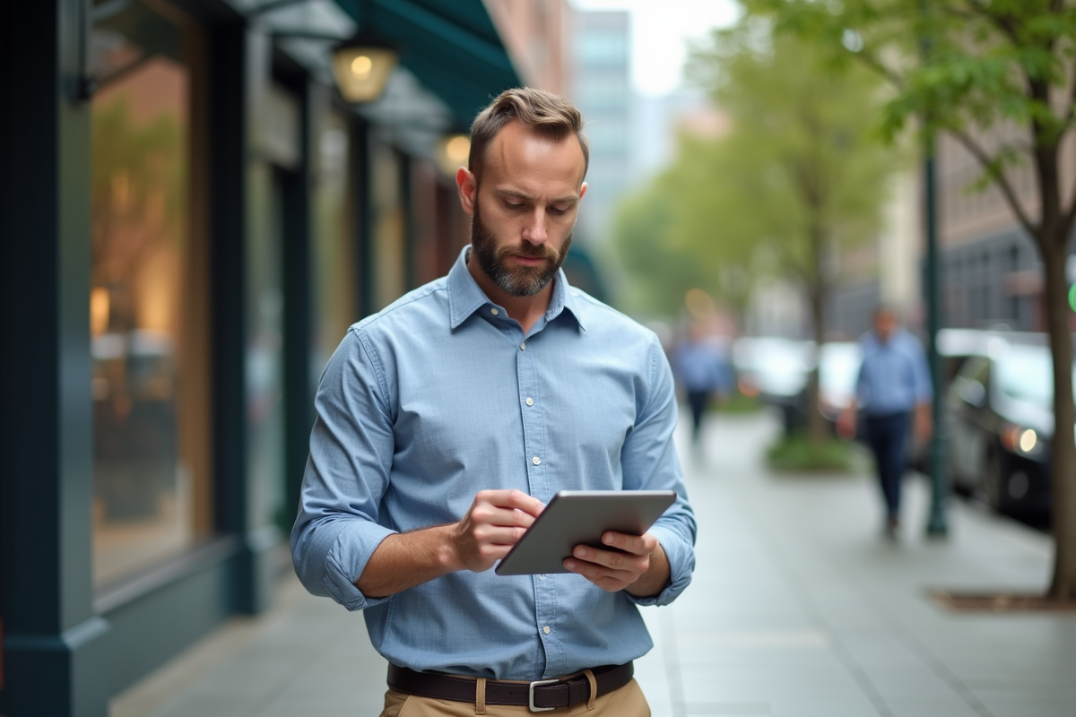 Homme en ville planifie une campagne SMS avec une tablette