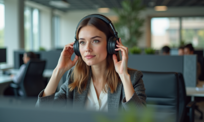 Jeune femme au bureau ajustant ses écouteurs modernes