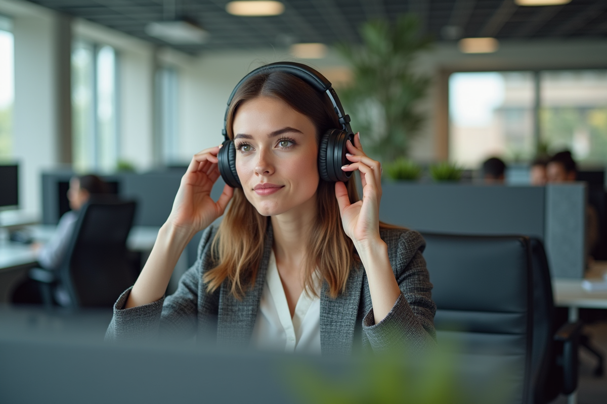 Jeune femme au bureau ajustant ses écouteurs modernes