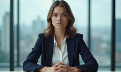 Jeune femme en blazer navy dans un bureau moderne