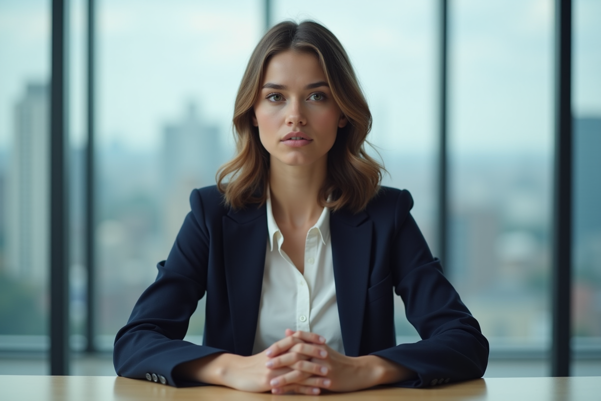 Jeune femme en blazer navy dans un bureau moderne