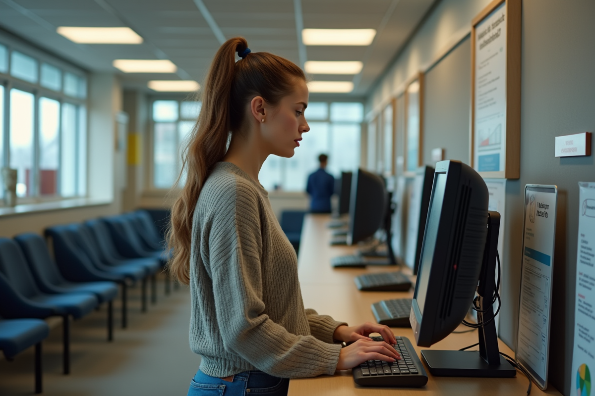 Jeune femme utilisant un ordinateur dans un centre emploi