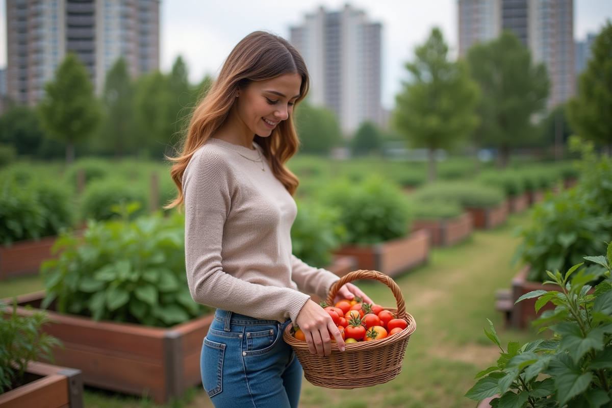 Jeune femme récoltant des tomates dans un jardin urbain