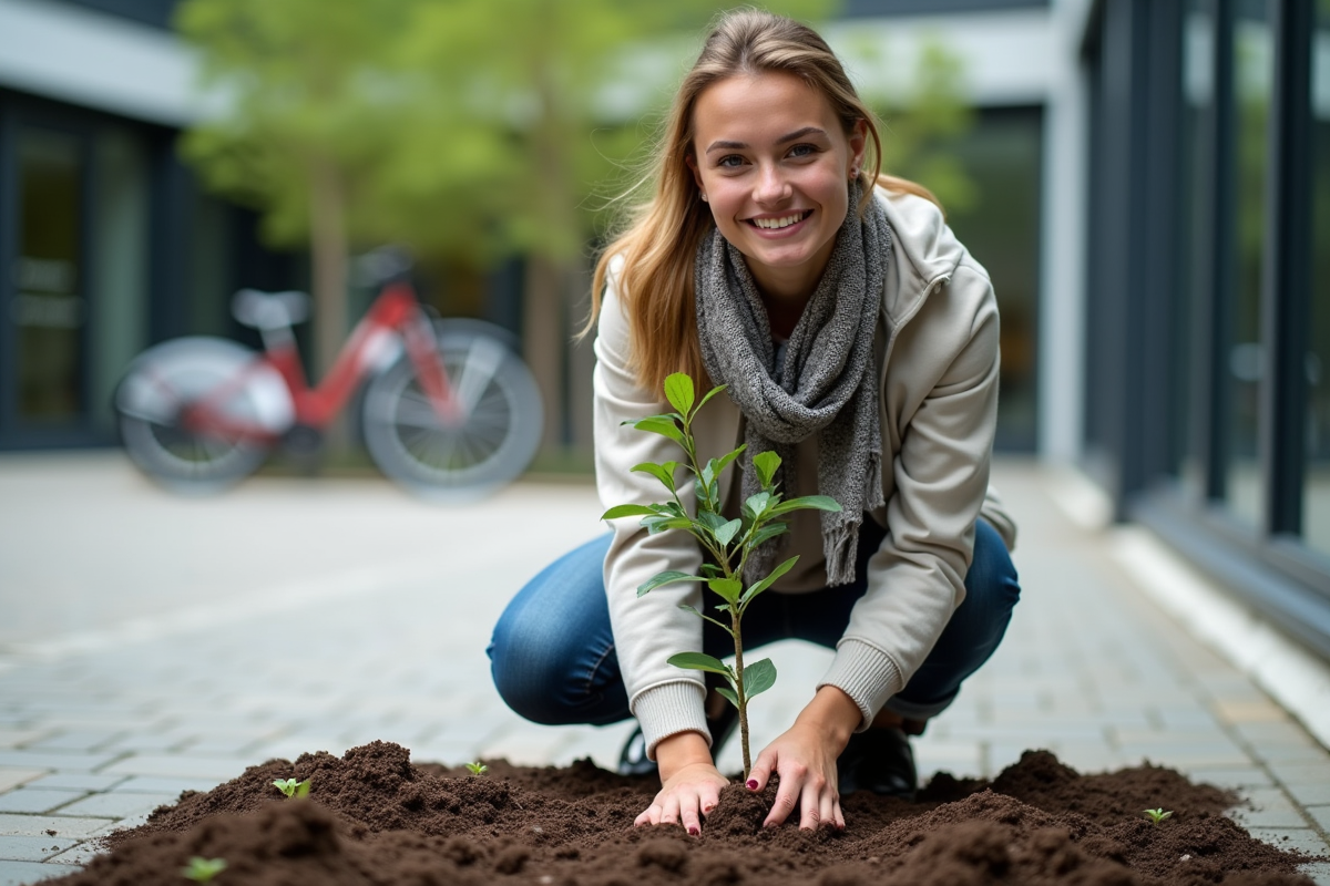 Jeune femme plantant un arbre dans une cour d