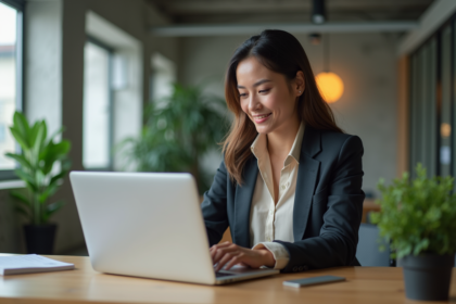 Jeune femme professionnelle utilisant un ordinateur dans un espace de coworking
