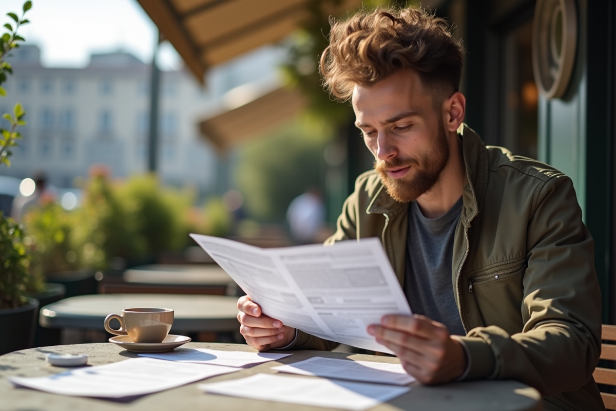 Jeune homme vérifiant des flyers sur une terrasse de café
