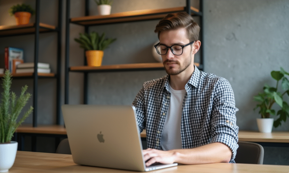 Jeune homme concentré travaillant sur un ordinateur dans un espace coworking