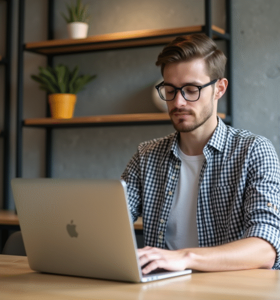 Jeune homme concentré travaillant sur un ordinateur dans un espace coworking