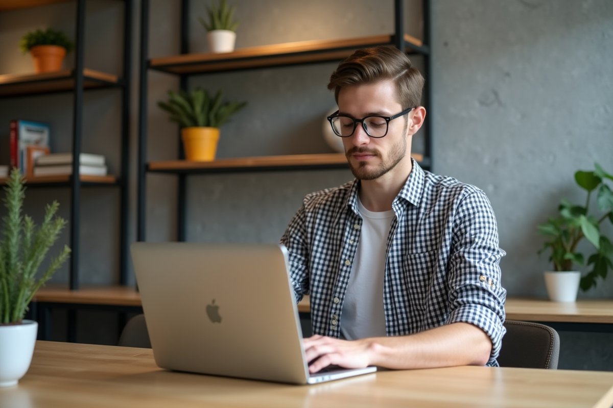 Jeune homme concentré travaillant sur un ordinateur dans un espace coworking