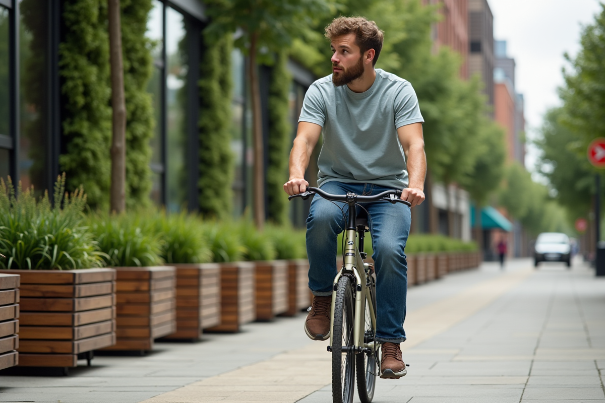 Jeune homme à vélo dans un quartier écologique avec plantes en ville
