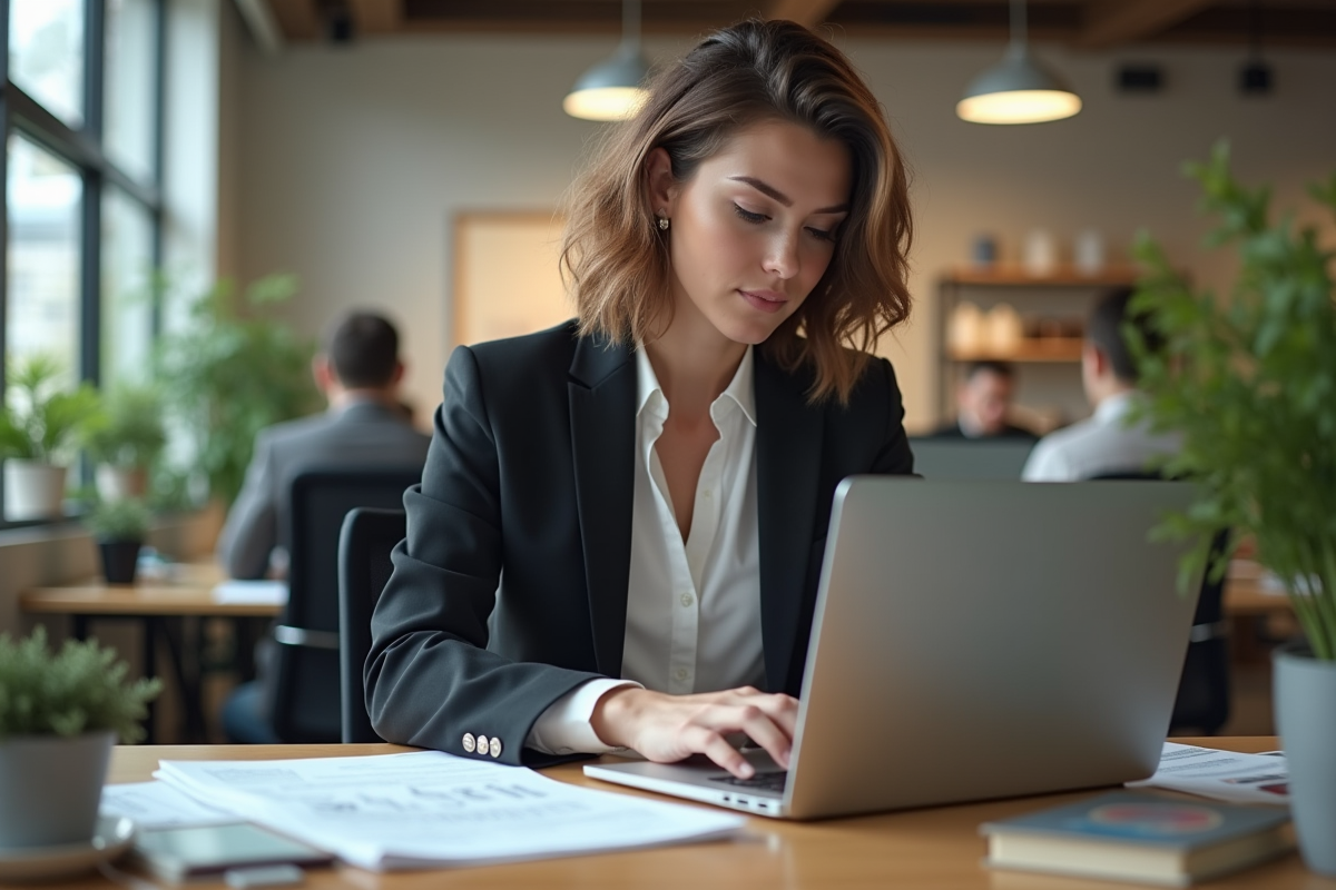 Jeune femme gestionnaire au bureau avec documents et ordinateur
