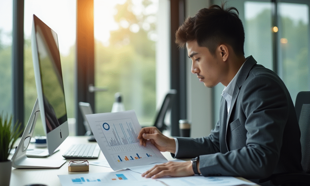 Jeune professionnel analysant des documents financiers avec lumière naturelle