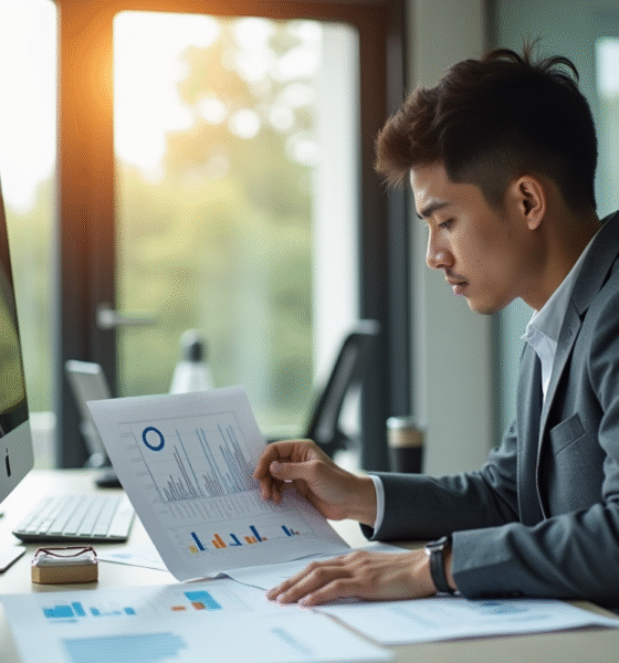 Jeune professionnel analysant des documents financiers avec lumière naturelle