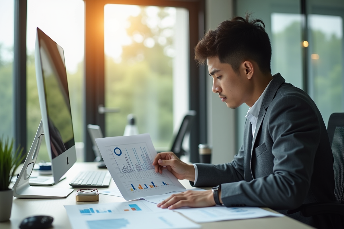 Jeune professionnel analysant des documents financiers avec lumière naturelle