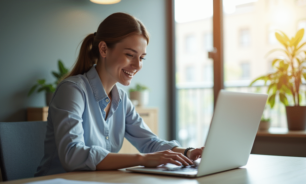 Jeune professionnel souriant utilisant un ordinateur pour gérer des paiements en ligne