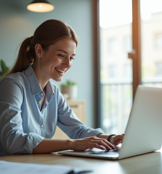 Jeune professionnel souriant utilisant un ordinateur pour gérer des paiements en ligne