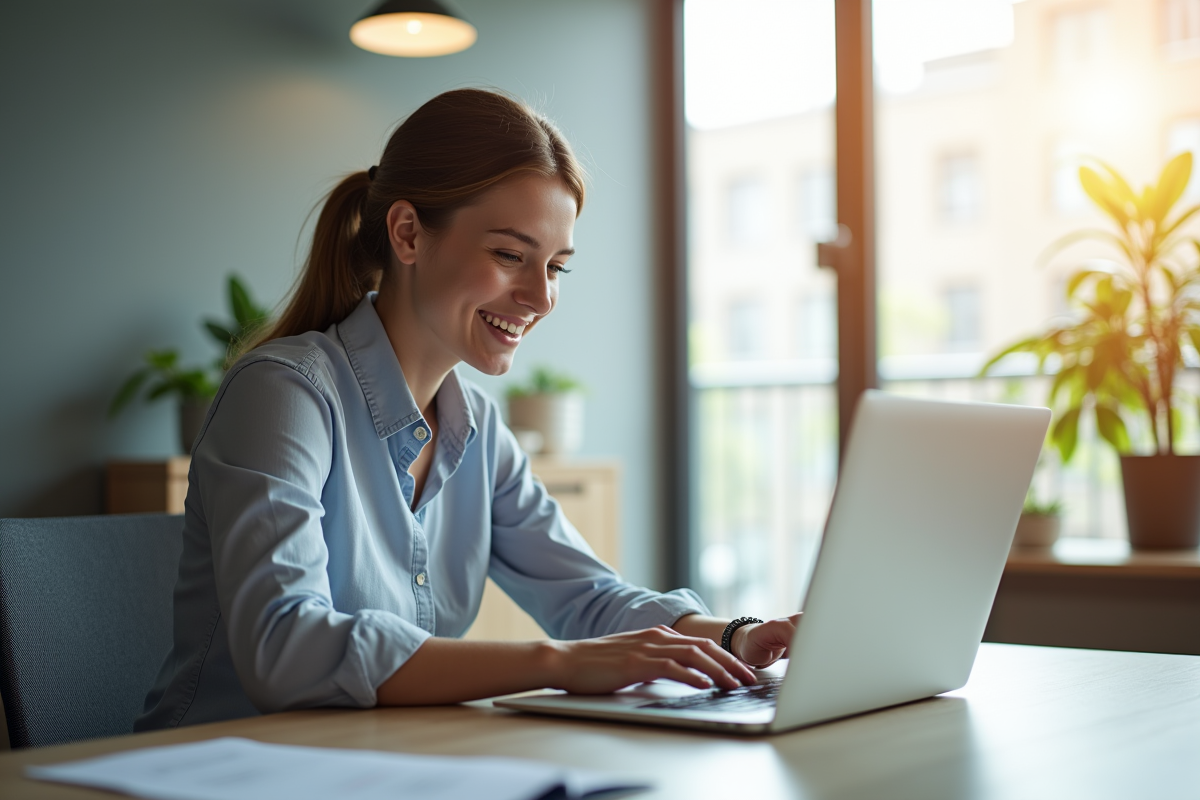 Jeune professionnel souriant utilisant un ordinateur pour gérer des paiements en ligne