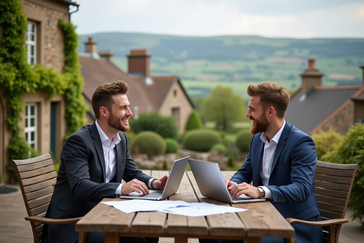 Deux jeunes discutant sur une terrasse rurale ensoleillee