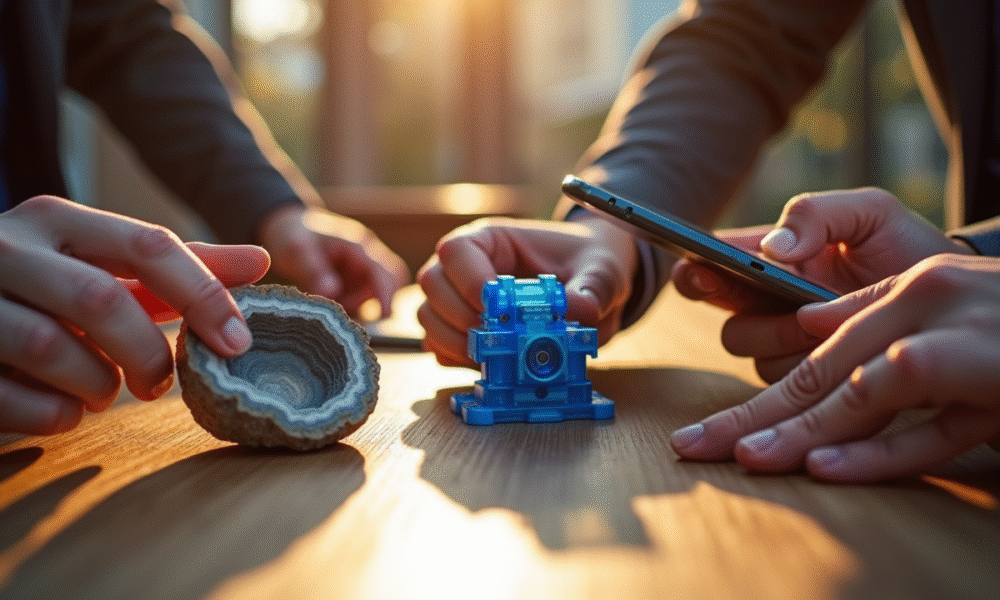 Trois mains posant une géode un dispositif mécanique et un smartphone