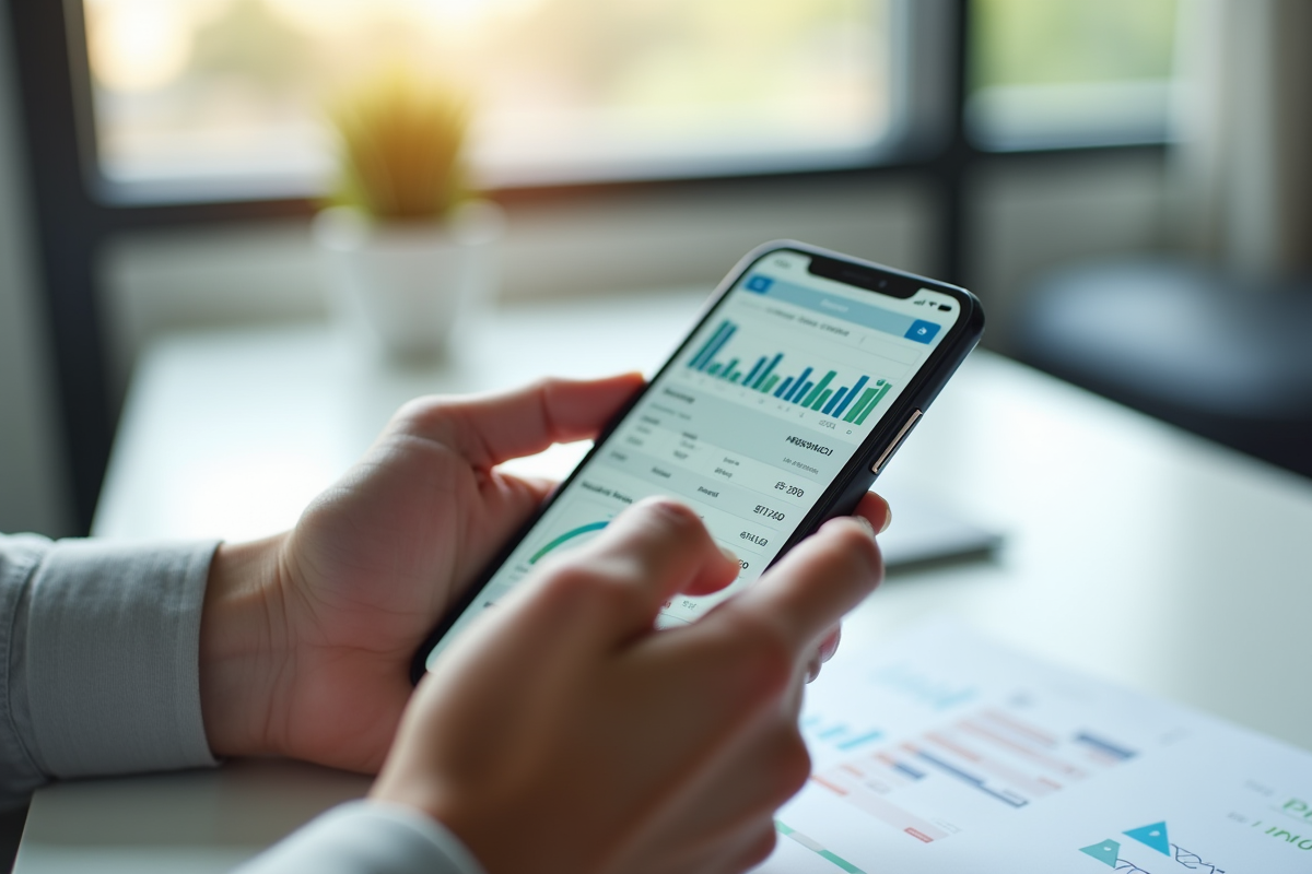 Mains tenant un smartphone affichant un tableau de gestion immobilière