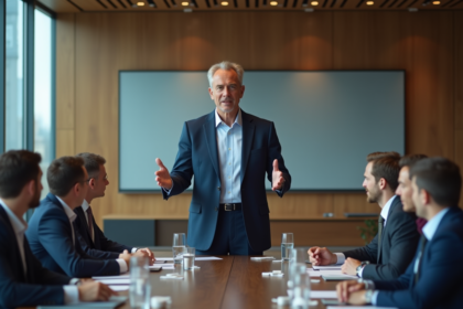 Manager en costume navy lors d'une réunion professionnelle